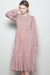 Rust Tiny Floral Ruffled Mock Neck Babydoll Midi Dress