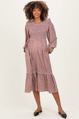 Rust Tiny Floral Ruffled Mock Neck Babydoll Maternity Midi Dress
