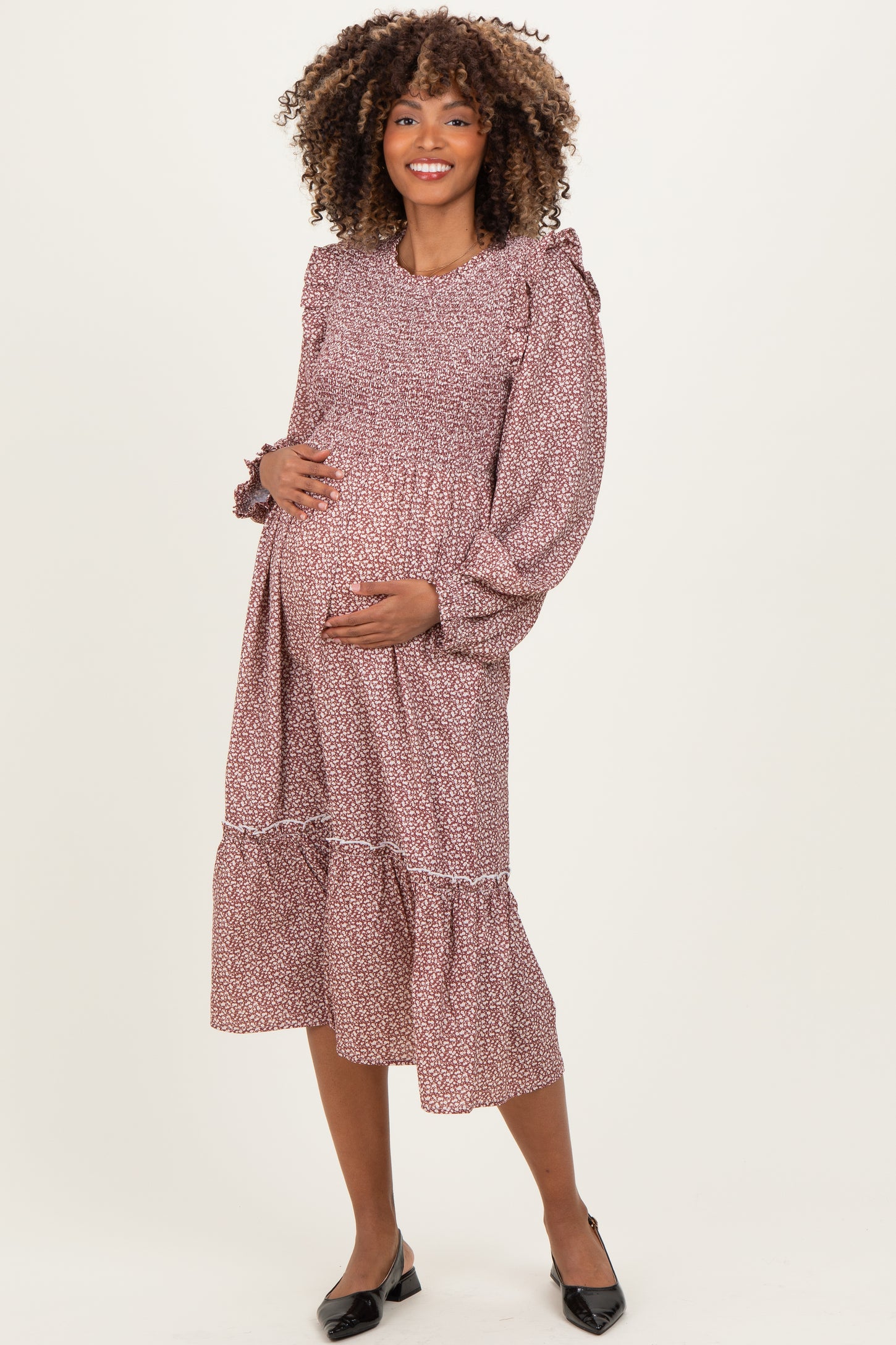 Rust Tiny Floral Ruffled Mock Neck Babydoll Maternity Midi Dress