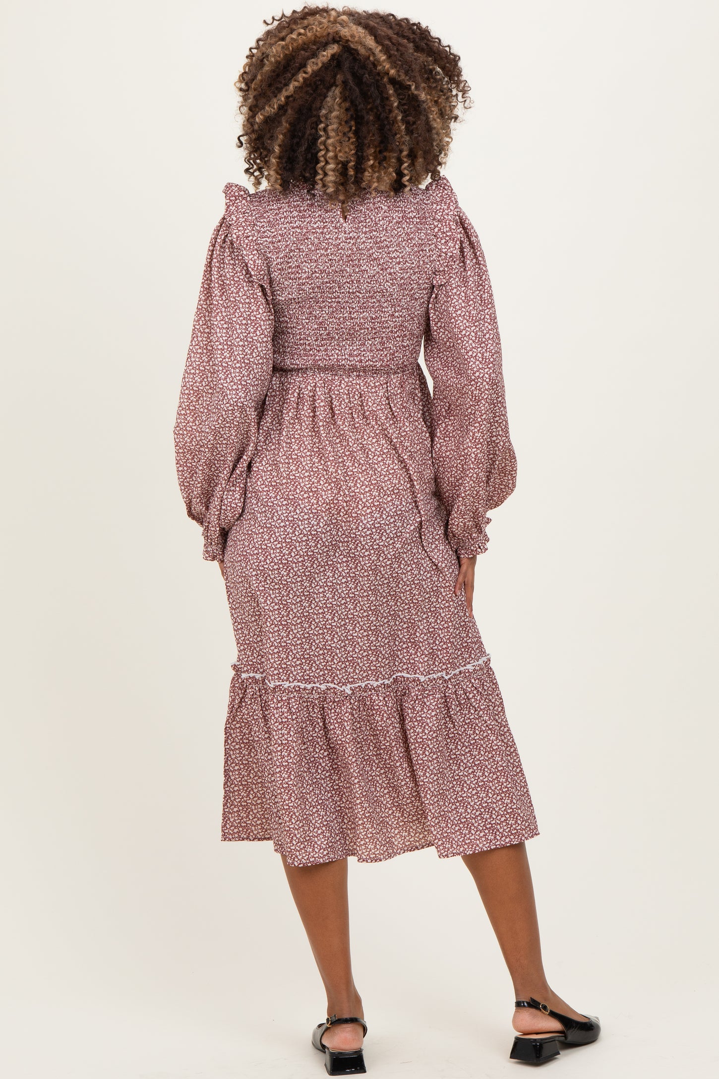 Rust Tiny Floral Ruffled Mock Neck Babydoll Maternity Midi Dress