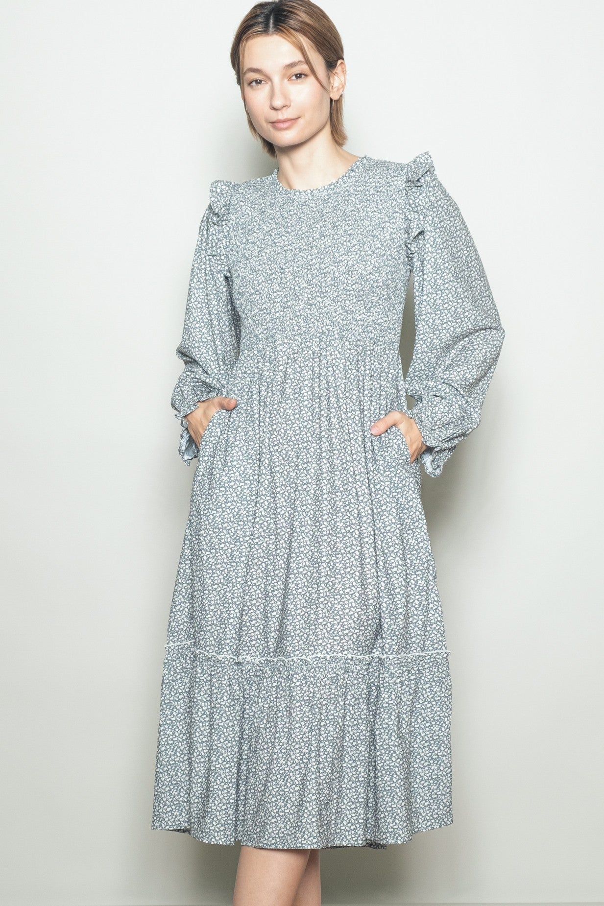 Mint Tiny Floral Ruffled Mock Neck Babydoll Maternity Midi Dress