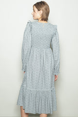 Mint Tiny Floral Ruffled Mock Neck Babydoll Midi Dress