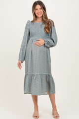 Mint Tiny Floral Ruffled Mock Neck Babydoll Maternity Midi Dress
