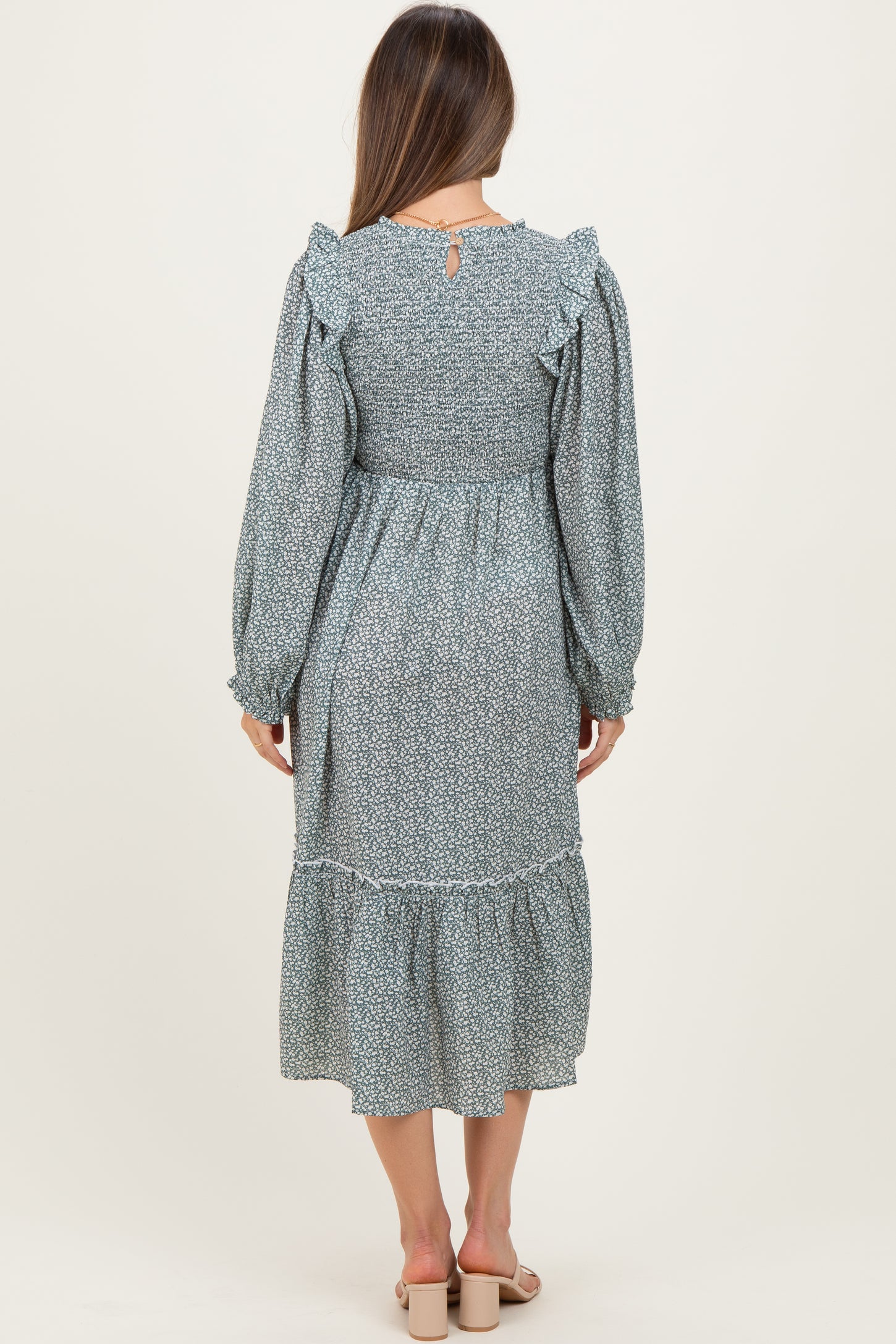 Mint Tiny Floral Ruffled Mock Neck Babydoll Maternity Midi Dress