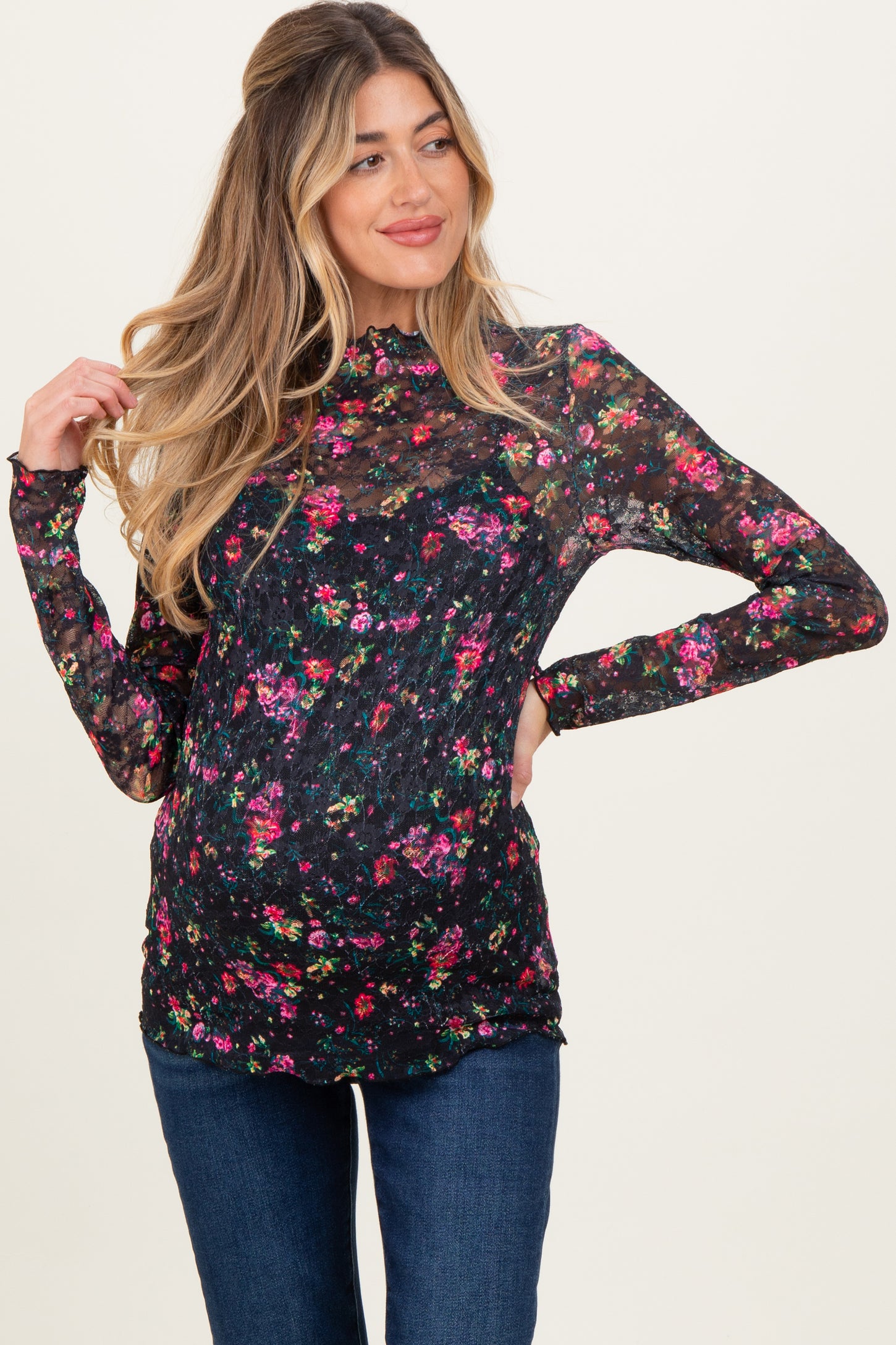 Black Floral Lace Long Sleeve Maternity Top