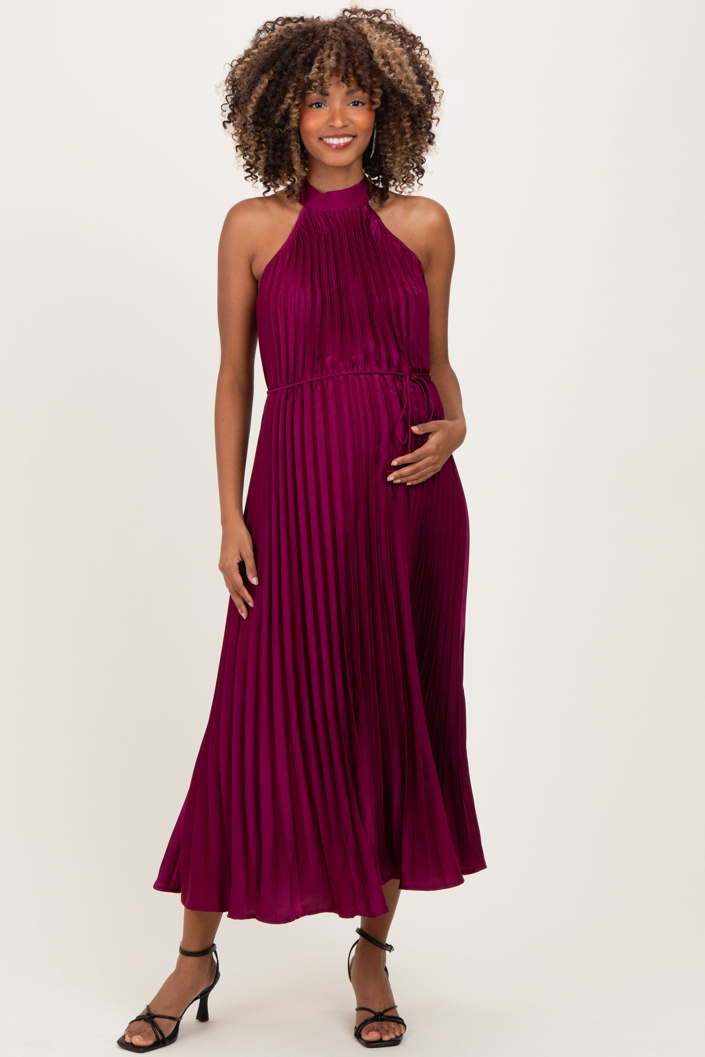 Magenta Pleated Maternity Halter Dress Magenta Pleated Maternity Halter Dress