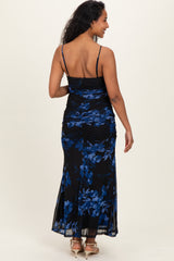 Black Floral Ruched Mesh Maternity Maxi Dress