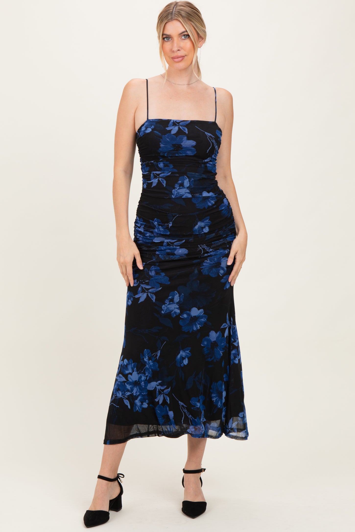 Black Floral Ruched Mesh Maxi Dress