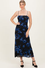 Black Floral Ruched Mesh Maxi Dress