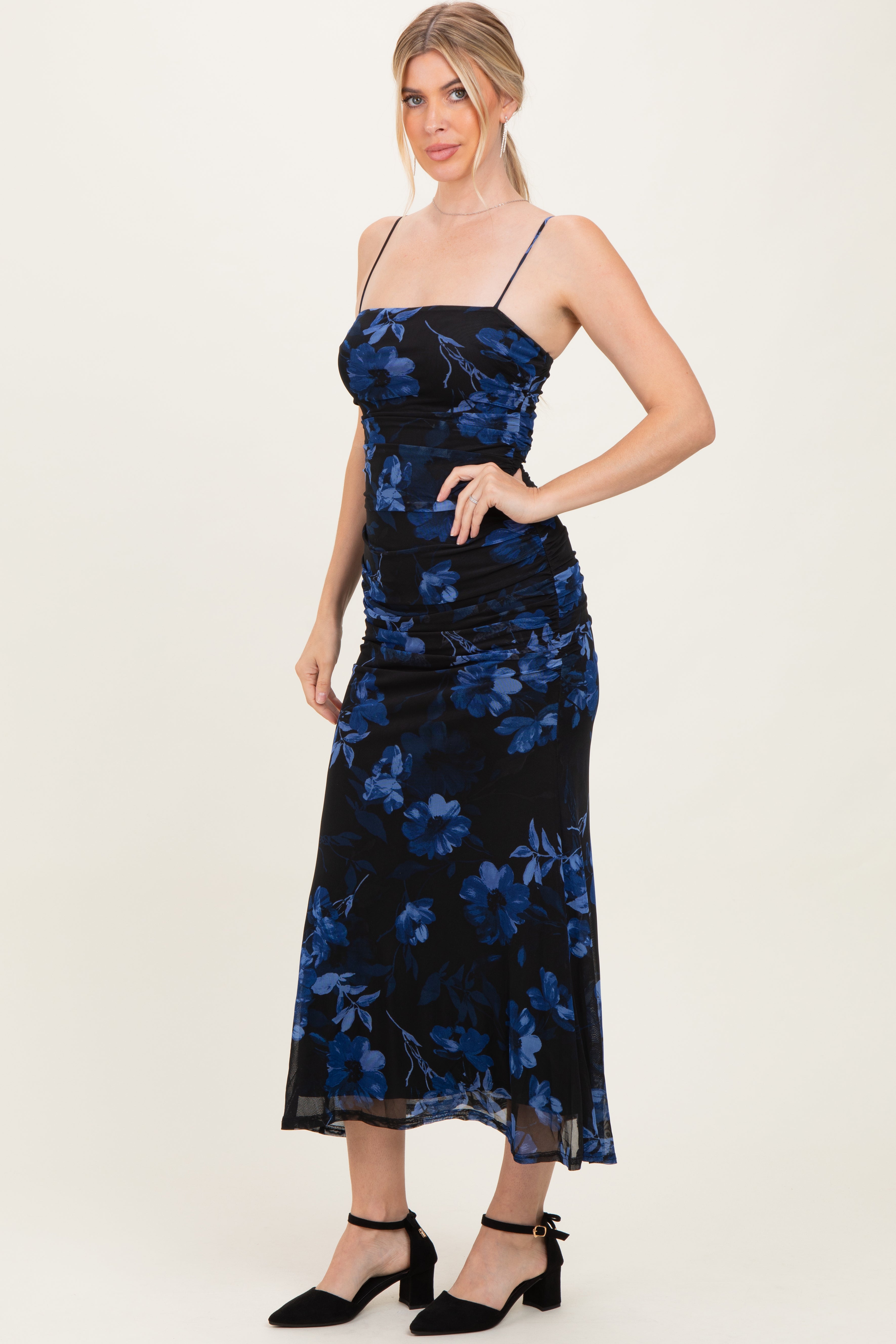 black dress with blue flowers Floral Ruched Mesh Maxi ADIDAS ORIGINALS ADICOLOR 3 2% Spandex lexer_style|Dress Day Event Color:picture  color