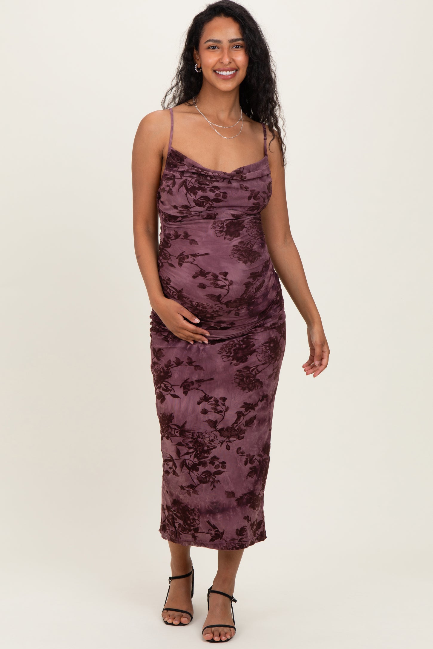 Mauve Floral Mesh Cowl Neck Maternity Midi Dress