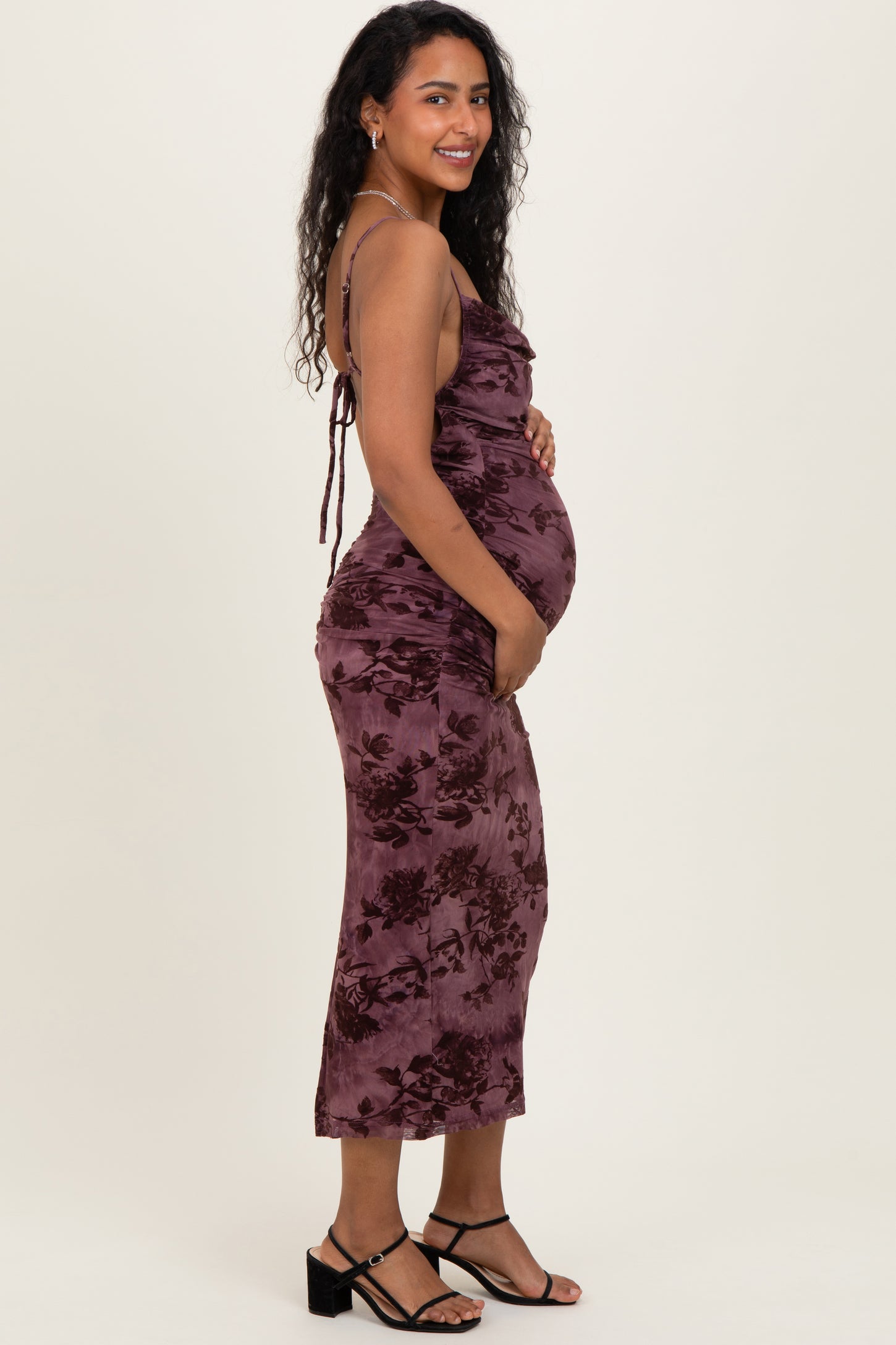 Mauve Floral Mesh Cowl Neck Maternity Midi Dress