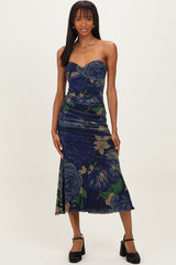 Navy Floral Mesh Ruched Maternity Midi Dress