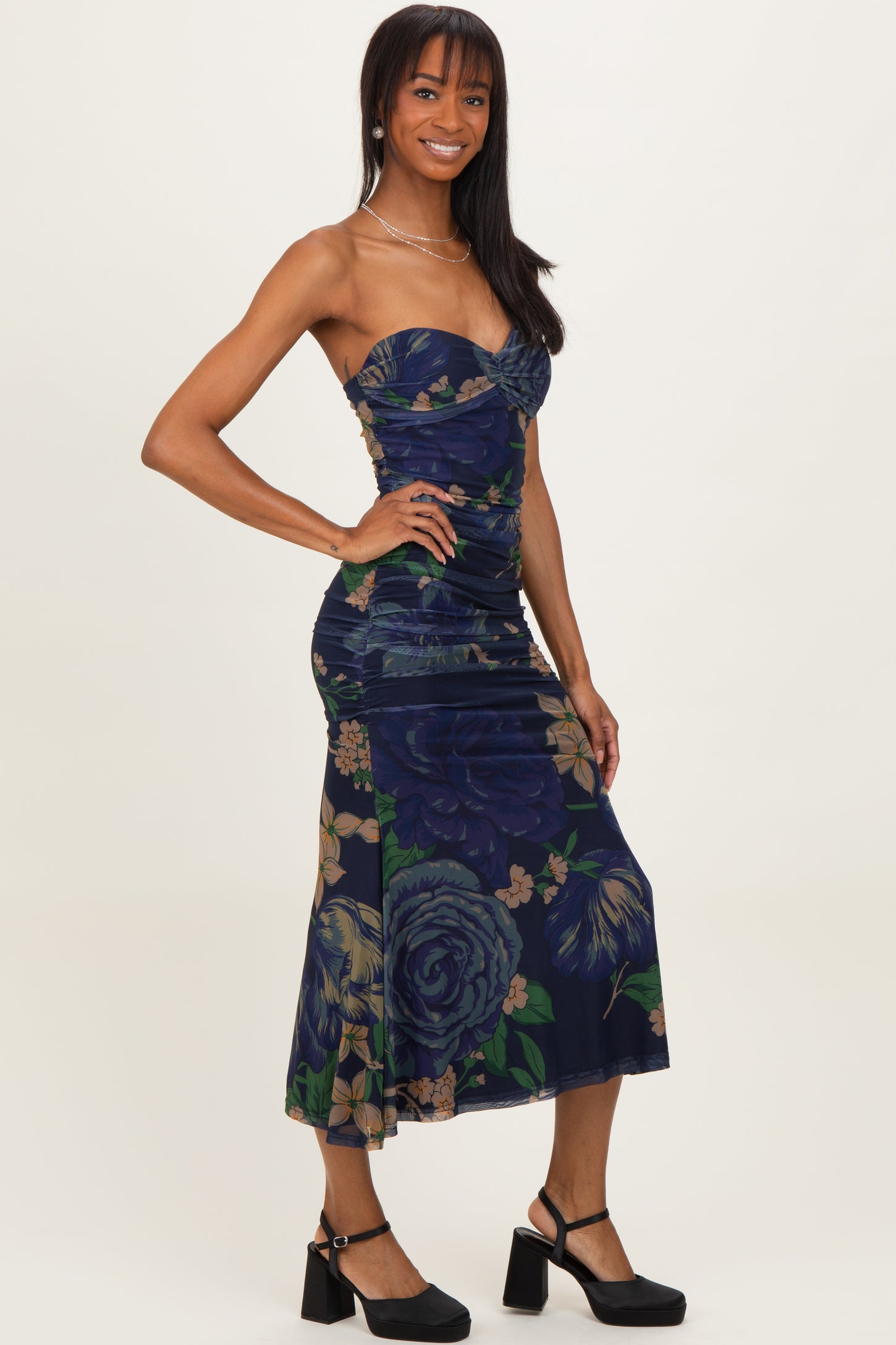 Navy Floral Mesh Ruched Midi Dress