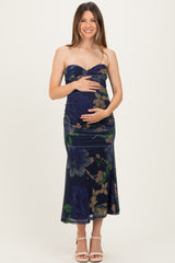 Navy Floral Mesh Ruched Maternity Midi Dress