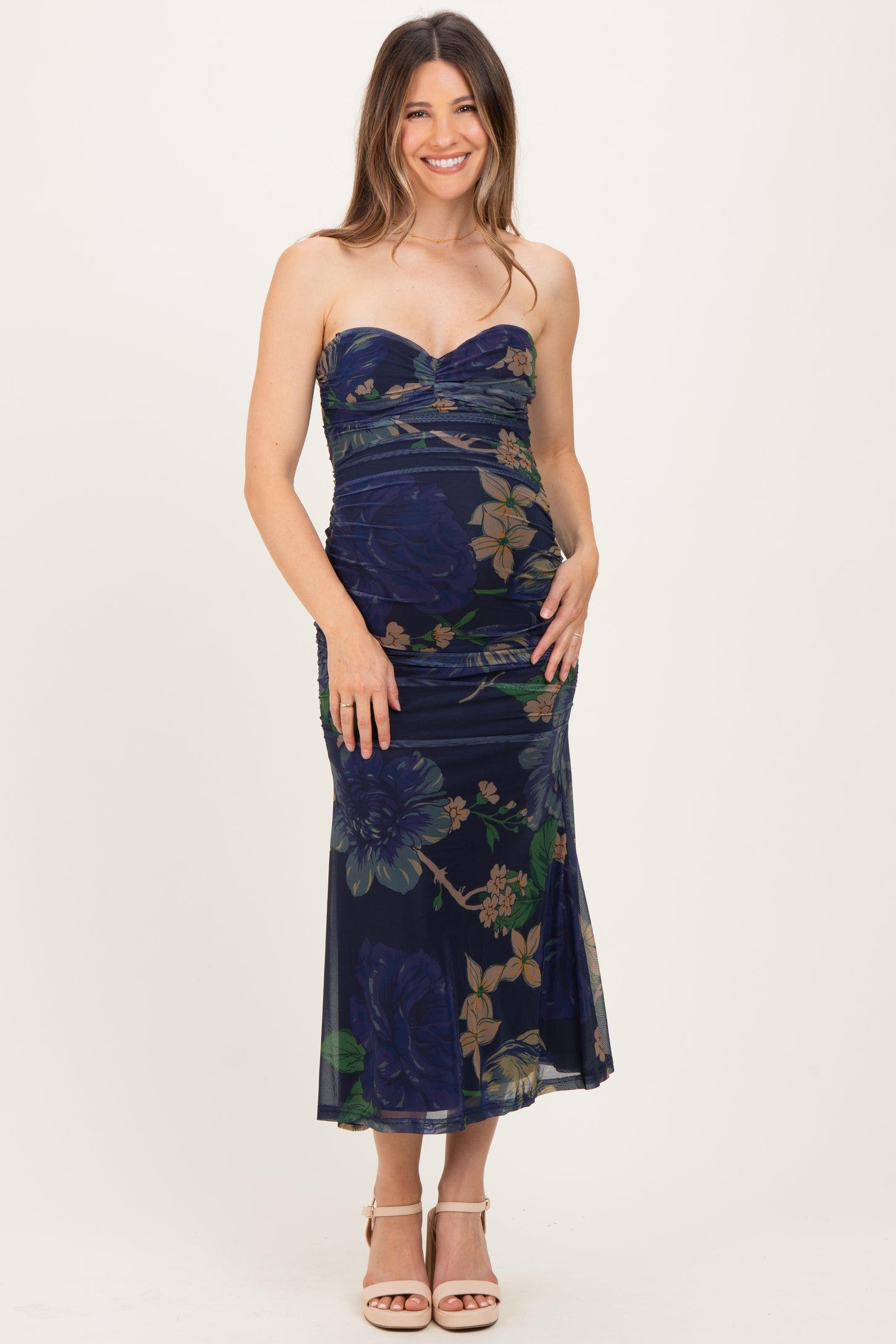 Navy Floral Mesh Ruched Maternity Midi Dress