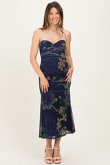 Navy Floral Mesh Ruched Maternity Midi Dress