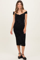 Black Off Shoulder Ruched Mesh Maternity Midi Dress