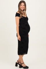 Black Off Shoulder Ruched Mesh Maternity Midi Dress