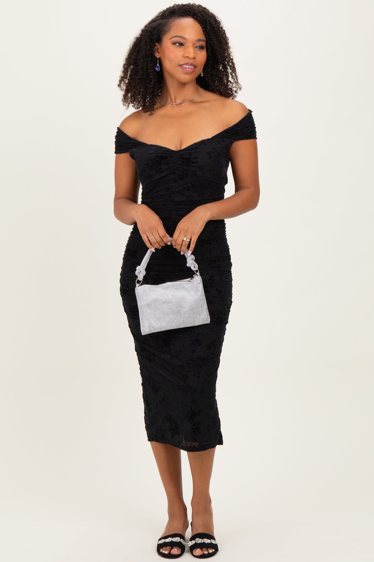 Black Off Shoulder Ruched Mesh Midi Dress