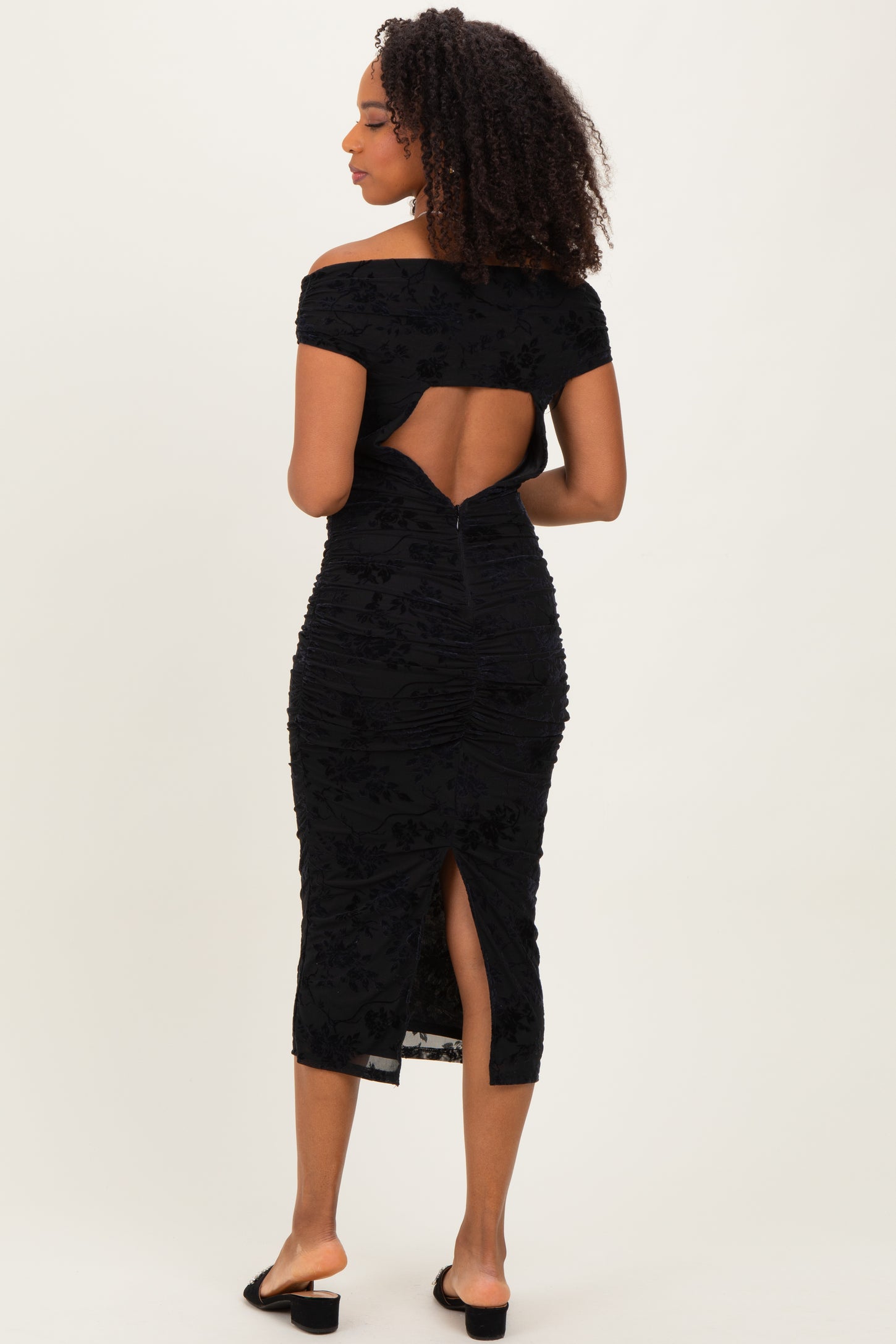 Black Off Shoulder Ruched Mesh Midi Dress