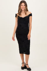 Black Off Shoulder Ruched Mesh Maternity Midi Dress