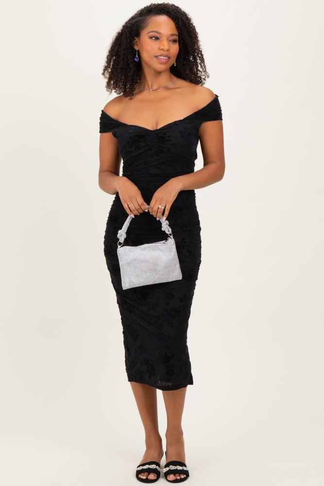 Black Off Shoulder Ruched Mesh Maternity Midi Dress