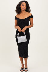 Black Off Shoulder Ruched Mesh Maternity Midi Dress