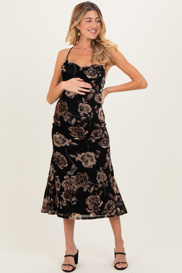 Black Cowl Neck Lace Up Back Maternity Midi Dress