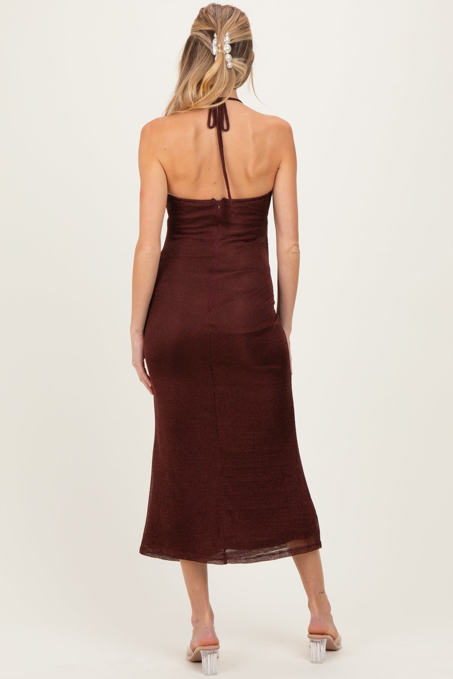 Burgundy Satin Halter Maternity Midi Dress Burgundy Satin Halter Maternity Midi Dress