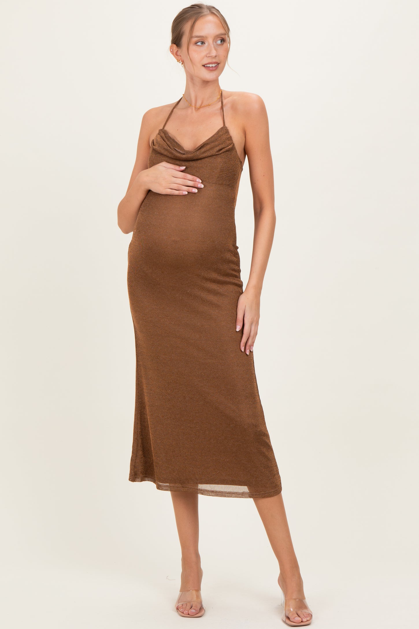 Brown Halter Cowl Neck Maternity Midi Dress Brown Halter Cowl Neck Maternity Midi Dress
