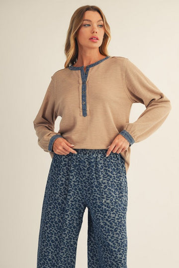 Mocha Rib Knit Casual Henley Top