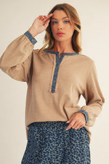 Mocha Rib Knit Casual Maternity Henley Top
