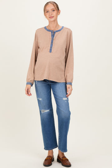 Mocha Rib Knit Casual Maternity Henley Top