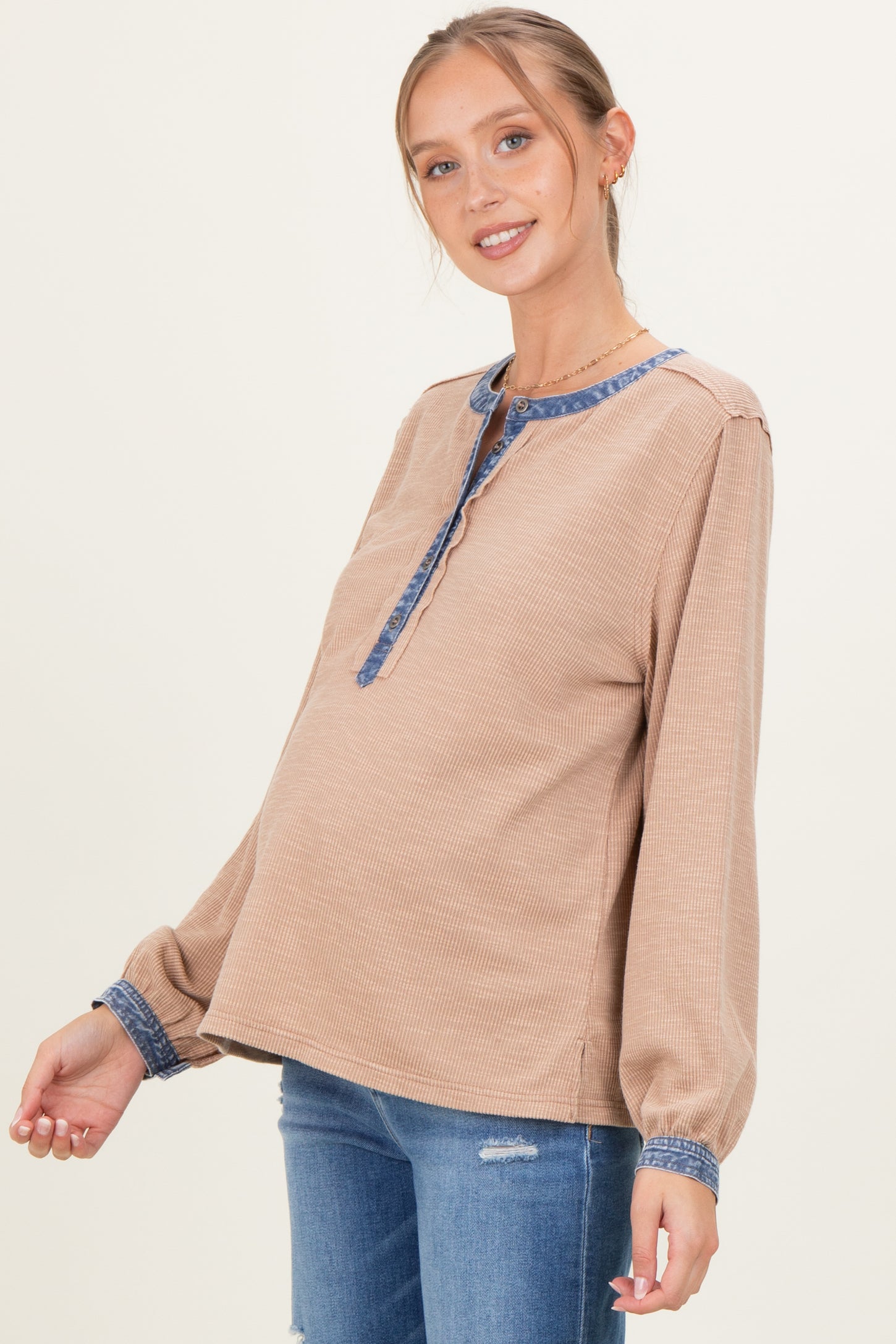 Mocha Rib Knit Casual Maternity Henley Top