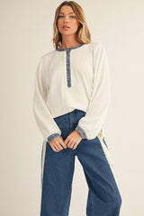 White Rib Knit Casual Henley Top