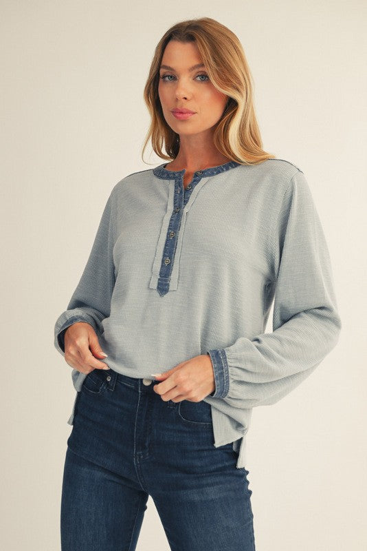 Light Blue Rib Knit Casual Maternity Henley Top