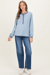 Light Blue Rib Knit Casual Maternity Henley Top