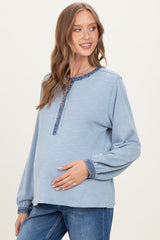 Light Blue Rib Knit Casual Maternity Henley Top