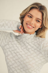 Light Blue Thumbhole Sleeves Mock Neck Lace Top