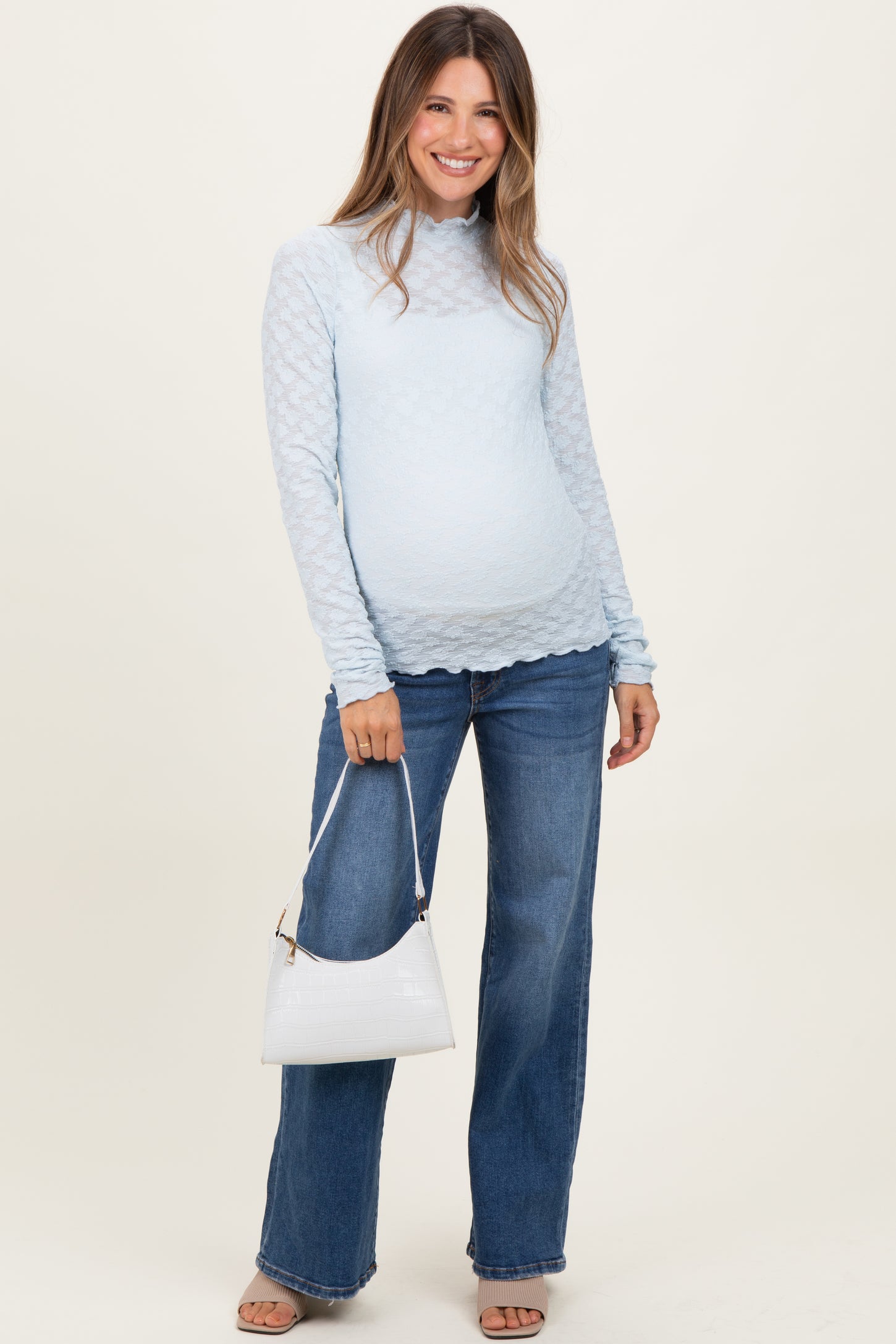 Light Blue Thumbhole Sleeves Mock Neck Lace Maternity Top