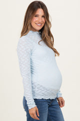 Light Blue Thumbhole Sleeves Mock Neck Lace Maternity Top
