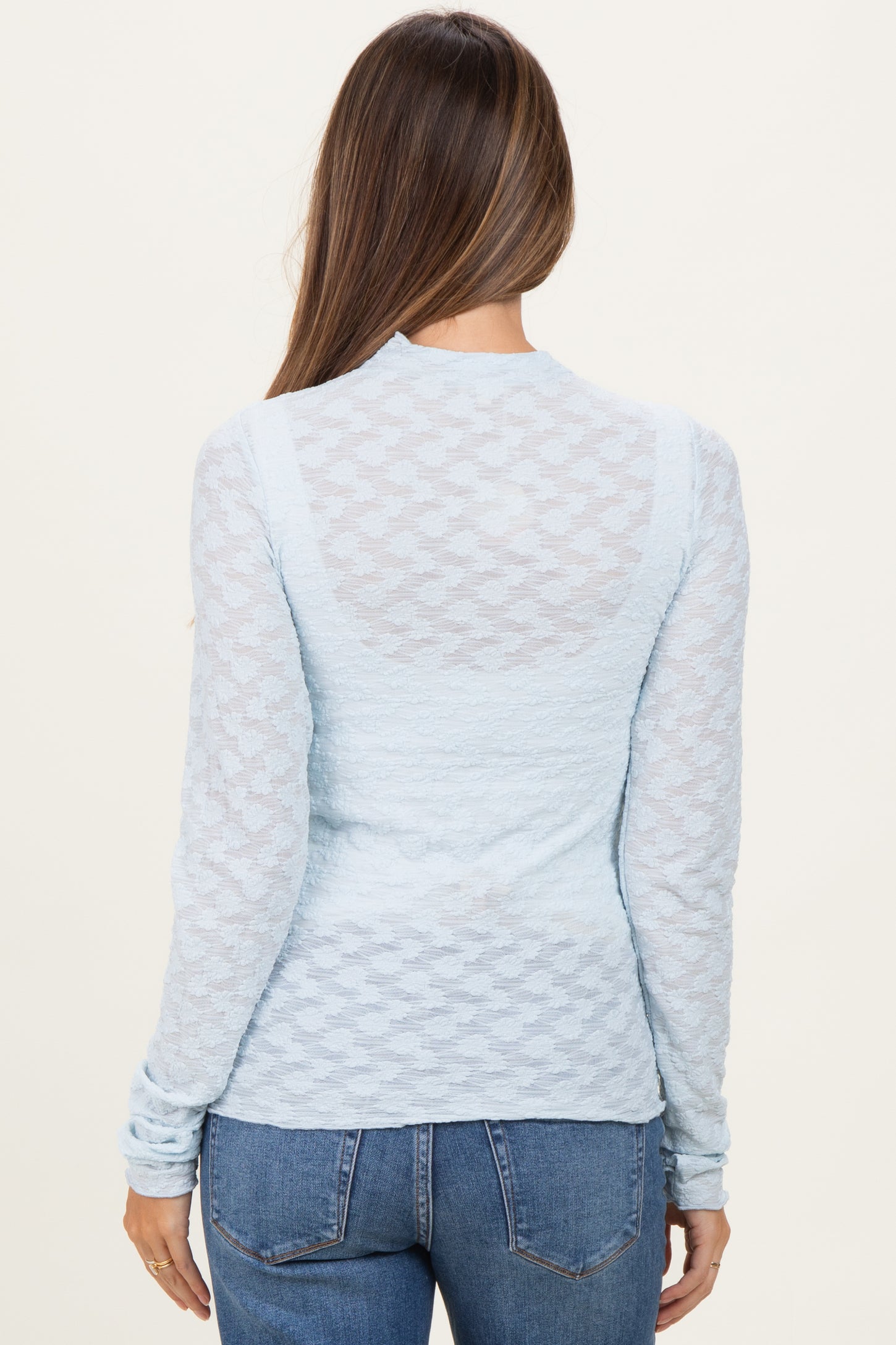 Light Blue Thumbhole Sleeves Mock Neck Lace Maternity Top