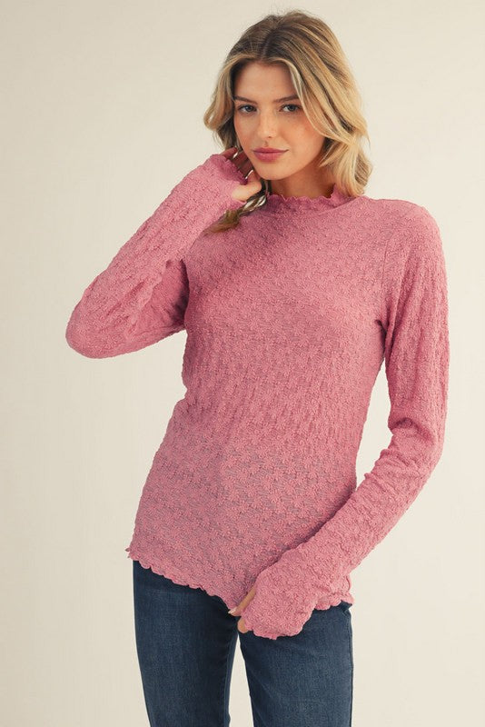 Mauve Thumbhole Sleeves Mock Neck Lace Maternity Top