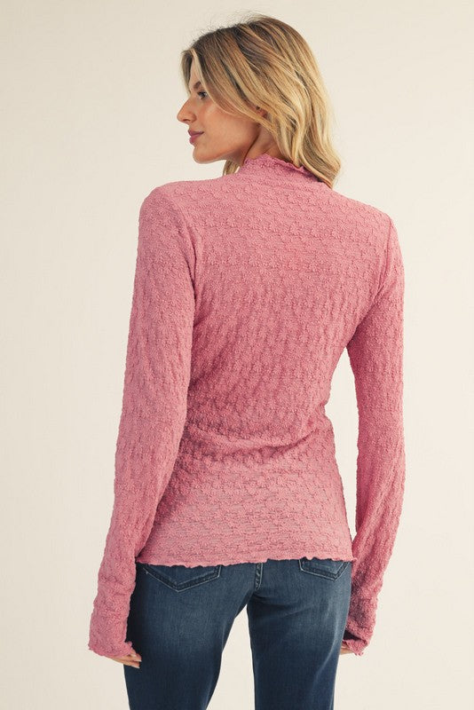 Mauve Thumbhole Sleeves Mock Neck Lace Top