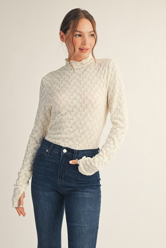 Ivory Thumbhole Sleeves Mock Neck Lace Top