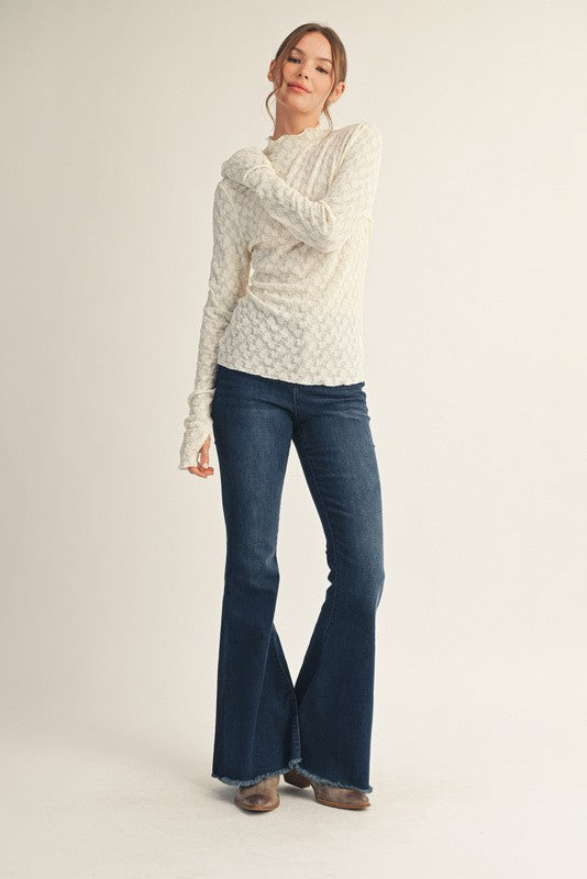 Ivory Thumbhole Sleeves Mock Neck Lace Top