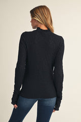 Black Thumbhole Sleeves Mock Neck Lace Top