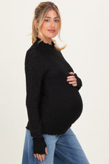Black Thumbhole Sleeves Mock Neck Lace Maternity Top