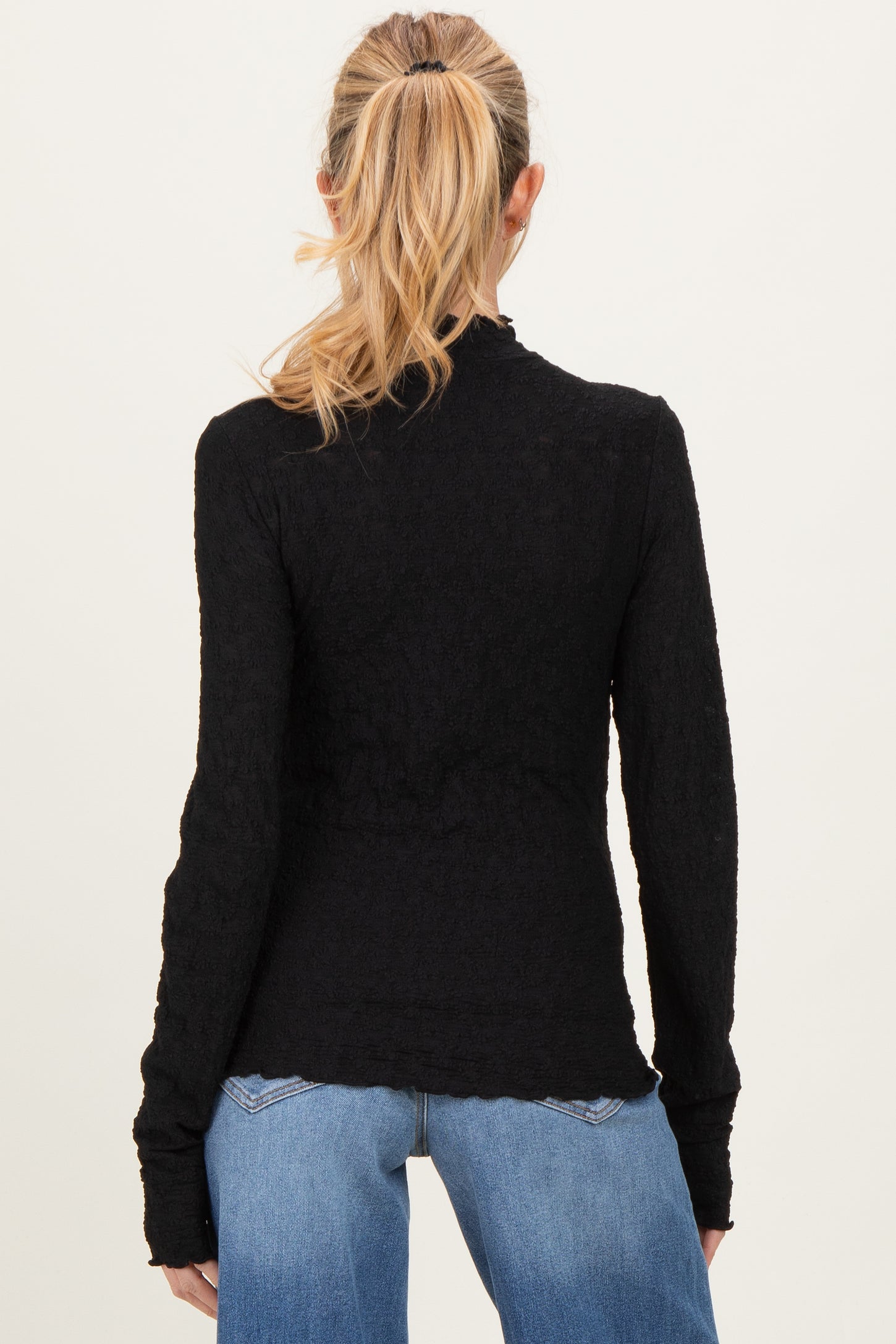 Black Thumbhole Sleeves Mock Neck Lace Maternity Top